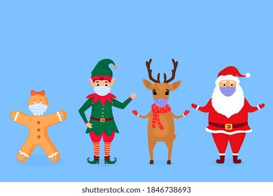 Santa Claus, elf, deer and gingerbread man in protective face masks