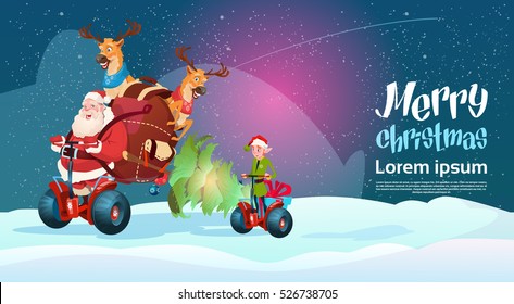 Santa Claus Elf Deer Ride Electric Scooter Christmas Holiday Happy New Year Greeting Card Flat Vector Illustration