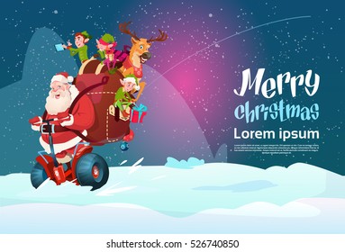 Santa Claus Elf Deer Ride Electric Scooter Christmas Holiday Happy New Year Greeting Card Flat Vector Illustration