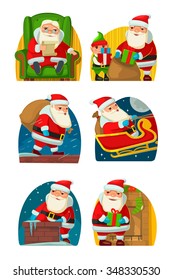 Santa Claus and elf deliver gifts. Set flat vector illustration for New Year and Merry Christmas.