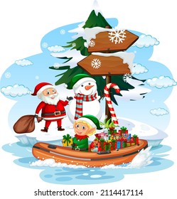 Santa Claus and elf delivering gifts by boat illustration