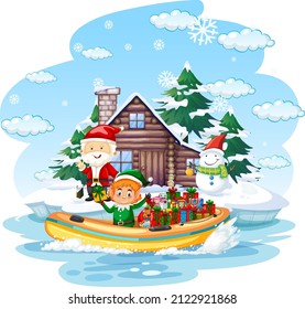 Santa Claus and elf delivering gifts by boat illustration