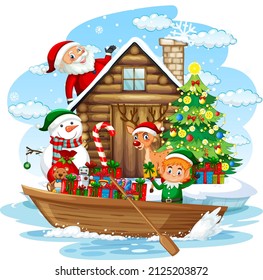 Santa Claus and elf delivering gifts by boat illustration