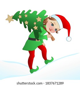 Santa Claus elf, dressed in a green and red suit, walks through the snowdrifts holding a Christmas tree in his hands, color vector clip art on a white isolated background