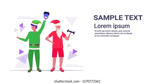 santa claus and elf exercising with dumbbells lifting weights men training workout healthy lifestyle concept christmas new year holidays celebration horizontal copy space full length vector