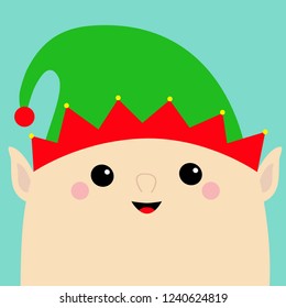Santa Claus Elf face head icon. Green hat. Merry Christmas. New Year. Cute cartoon funny kawaii baby character. Greeting card. Flat design Blue background. Vector illustration