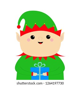 Santa Claus Elf face head icon. Gift box. Green hat. Merry Christmas. New Year. Cute cartoon funny kawaii baby character. Greeting card. Flat design White background. Vector illustration