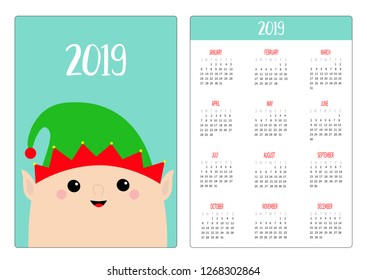 Santa Claus Elf face head. Simple pocket calendar layout 2019 new year.   Vector illustration