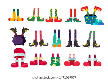 Santa Claus elf feet set. Christmas characters, legs, shoes. Christmas concept. Vector illustrations can be used for topics like Xmas, giving gifts, December holiday, greeting cards