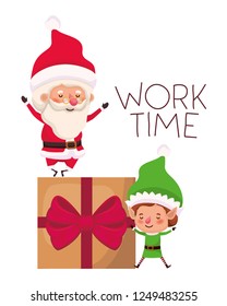 santa claus and elf with gift box