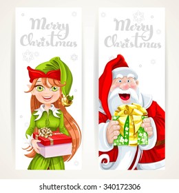 Santa Claus and Elf with gift on two vertical banners on a white background