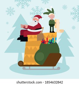santa claus and elf with gifts bag in chimney christmas characters vector illustration design