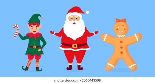 Santa Claus, elf and gingerbread man vector illustration
