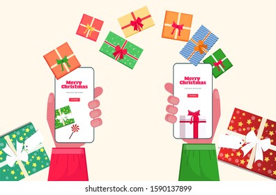 santa claus and elf hands using online mobile app merry christmas happy new year winter holidays celebration concept smartphone screen horozontal vector illustration