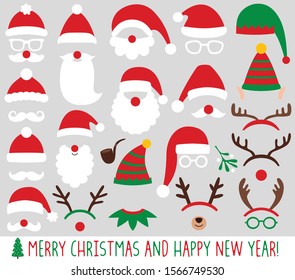 Santa Claus and elf hats, reindeer antlers, Christmas party vector set