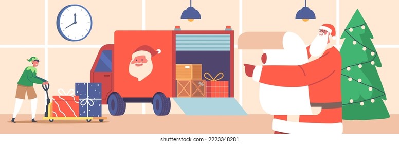 Papá Noel y el ayudante de Elf cargando regalos en Camión para entregar a los niños. Lista de lectura de caracteres Noel Christmas y cajas de presencia de carga enana por trolebada en almacén. Ilustración de vectores de personas de caricatura