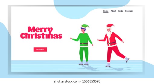 santa claus with elf helper skating on ice rink winter sport activity merry christmas happy new year holidays celebration concept greeting card horizontal full length vector illustration
