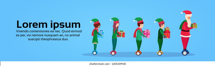 santa claus elf helper team ride electric scooter new year merry christmas concept full length profile horizontal banner copy space vector illustration