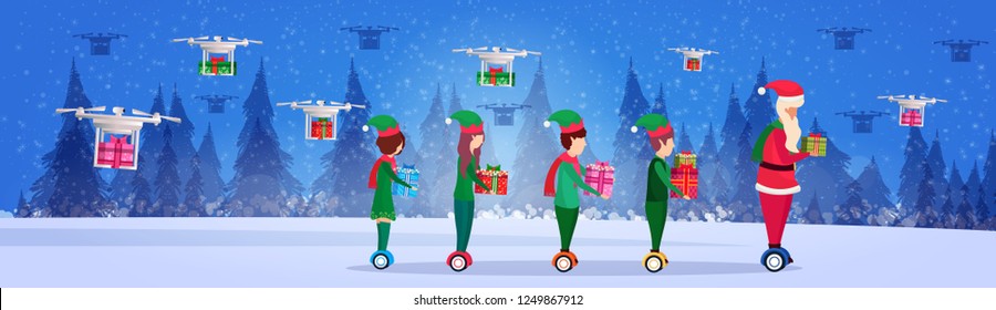 santa claus elf helper team ride electric scooter drone delivery service new year merry christmas concept fir tree forest landscape full length profile horizontal banner