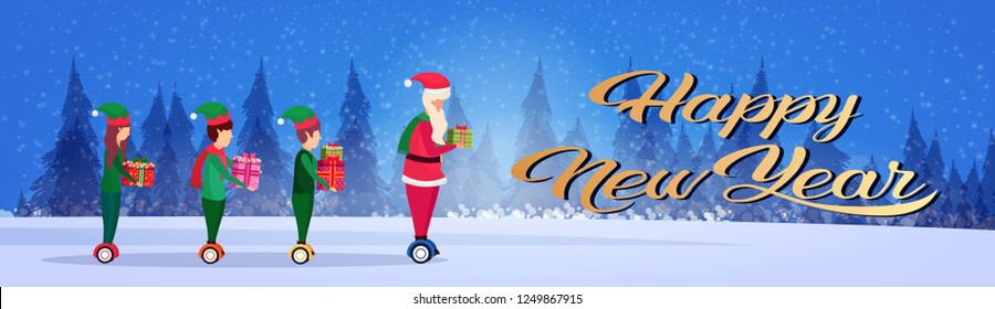 santa claus elf helper team ride electric scooter new year merry christmas concept fir tree forest landscape full length profile horizontal banner