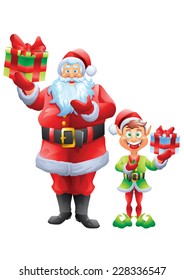 Santa claus and elf holding present gift isolated
