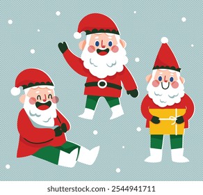 Santa Claus and Elf Illustrations in Various Poses with Christmas Gifts Retro Risograph Style