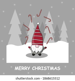 Santa Claus elf juggles playing lollipops with new Year candies in the forest against the background of snow, the starry sky and trees vector illustration new year christmas card