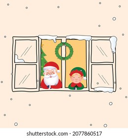 Santa Claus And Elf Looking Through Open Window In Doodle Style For Merry Christmas Concept.