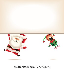Santa Claus and elf lowering retro blank signboard.Empty place for your text.Vector illustration for Christmas greeting.