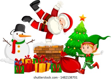 Santa claus and elf on chimney illustration