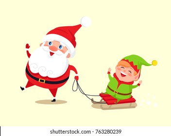 Santa Claus and elf on sledge icon isolated on white background. Vector illustration with Santa having fun with his helper dressed in green costume
