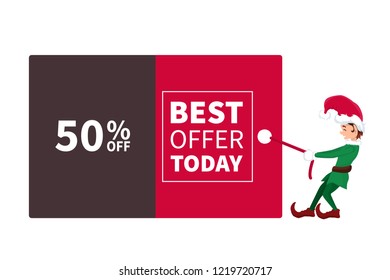 Santa claus elf pulling promotion and discount poster for christmas