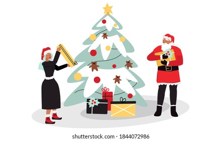 Santa Claus with an elf put gifts under the Christmas tree. Winter illustration