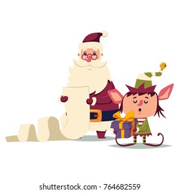 Santa Claus and the elf read a long checking list. Vector cartoon Christmas character isolated on white background.