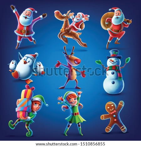 santa claus elf reeindeer snowman penguin gingerbread set illustration for christmas
