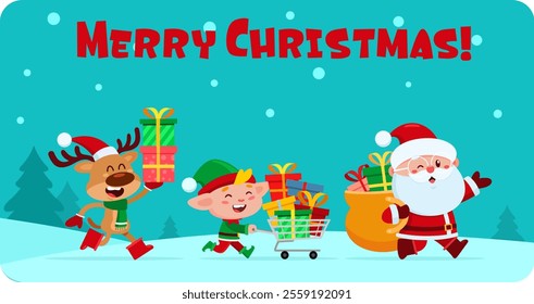 Santa Claus, Elf, and Reindeer Delivering Christmas Gifts in the Festive Christmas Night with ‘Merry Christmas’ Greeting. Vector Illustration Flat Design Isolated On Transparent Background