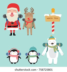 Santa claus elf and reindeer  polar bear penguins backpack to north pole vector. illustration EPS10.