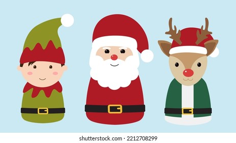 Santa Claus, elf and reindeer wearing christmas costumes on blue background. Icons for holiday design. Merry christmas and happy new year