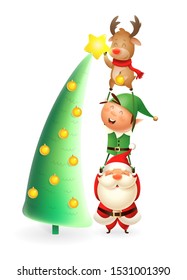 Santa Claus Elf and Reinder put the star on top of Christmas tree - cute and happy characters - isolated on white background