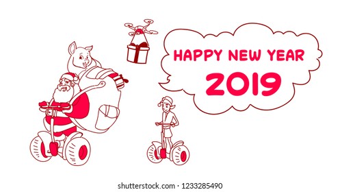 santa claus with elf ride electric scooter drone present delivery service christmas holiday new year concept sketch doodle horizontal vector illustration