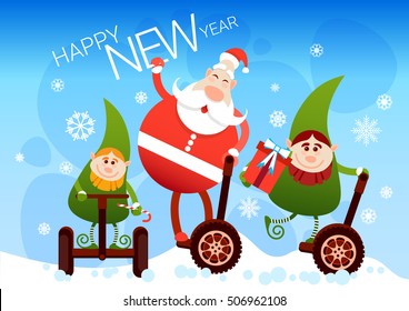 Santa Claus And Elf Ride Electric Mono Wheel Christmas Holiday Happy New Year Greeting Card Flat Vector Illustration