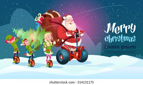 Santa Claus And Elf Ride Electric Scooter Christmas Holiday Happy New Year Greeting Card Flat Vector Illustration