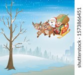 Santa Claus and elf riding deer sleigh flying over snowy forest