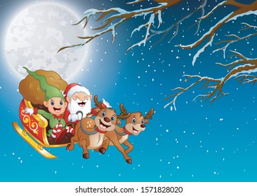 Santa Claus and elf riding a sleigh flying at winter night