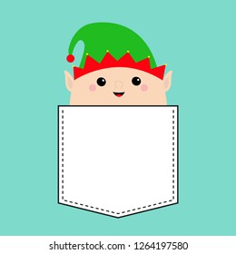 Santa Claus Elf round face head icon. Green hat. T-shirt pocket. Merry Christmas. New Year. Cute cartoon funny kawaii baby character. Greeting card. Flat design Blue background. Vector illustration