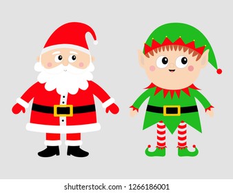Santa Claus Elf set. Happy New Year. Merry Christmas. White moustaches, beard. Red green hat. Cute cartoon funny kawaii baby character. Greeting card. Flat design. Gray background. Vector illustration