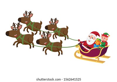 Santa Claus and an elf in the sleigh with reindeers