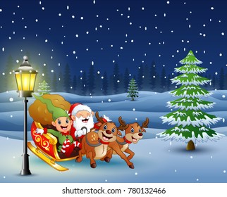 Santa claus and elf sliding in the snowing hill
