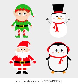 Santa Claus Elf Snowman Penguin set. Happy New Year. Merry Christmas. Red green black hat. Cute cartoon funny kawaii baby character. Greeting card. Flat design. Gray background. Vector illustration