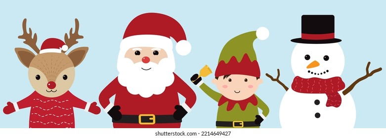 Santa Claus, elf, snowman and reindeer wearing christmas costumes on blue background. Cartoon character for holiday. Merry christmas and happy new year